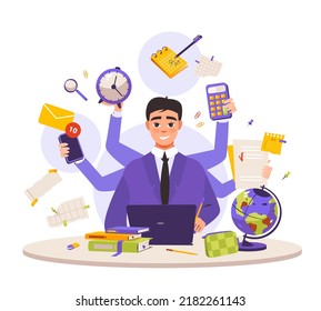 A multitasking business man at a laptop, busy working in the office. A busy man who has a lot of hands to do multiple tasks at the same time. Freelance worker. Flat vector illustration
