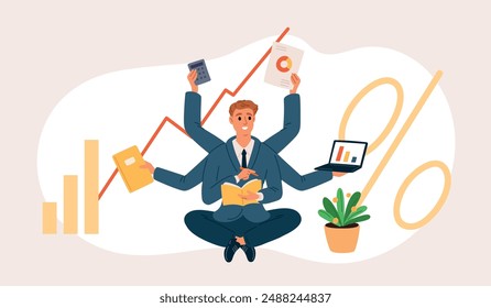 Multitasking business man. Office worker in suit sits in lotus position. Man with lot of hands. Growing schedules. Successful businessman works. Time management. Garish