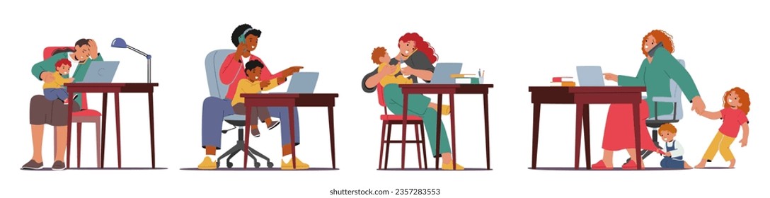 Multitasking Business Mother Characters Skillfully Balancing Work On Laptops While Holding Their Children, Displaying Remarkable Efficiency And Dedication To Both Their Careers And Families, Vector