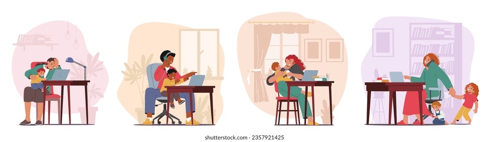 Las Madres Empresariales Con Tareas Múltiples Equilibran Con Capacidad El Trabajo En Ordenadores Portátiles Al Tiempo Que Cuidan A Sus Hijos, ejemplificando La Dedicación Y La Flexibilidad En Su Función Profesional Y Parental. Ilustración vectorial