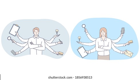 Multitasking in business and office work concept. Young smiling man and woman business people office workers standing between variety of tasks for working day and feeling confident 