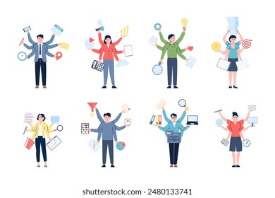 Multitasking business people. Female male with many hands holding different items. Finance banking administrative professionals, productive recent vector characters