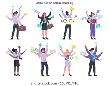 Gente de negocios multitarea con muchas manos puestas. Trabajador de oficina eficaz y exitoso haciendo muchas cosas a la vez. Concepto de multitarea, productividad y administración del tiempo. Ilustración vectorial aislada