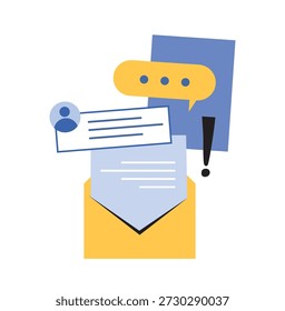 Multitasking, business processes, online communication concept, email notifications, and message alerts for business. Envelope with a document, user message notifications, chat bubble, and icon isolated on white background. Flat vector illustration.