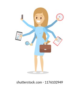 Multitasking business woman in blue dress. Effective and talented employee or workaholic. Doing many things at once. Isolated flat vector illustration