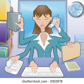 Multitasking Business woman.  A busy business woman multitasking in the office, no meshes used