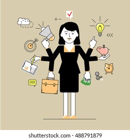 Multitasking. Business woman has time to do a lot of things at once. Flat linear vector illustration