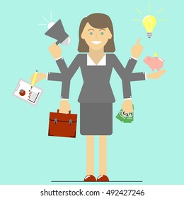 Multitasking. Business woman has time to do a lot of things at once. Flat linear vector illustration