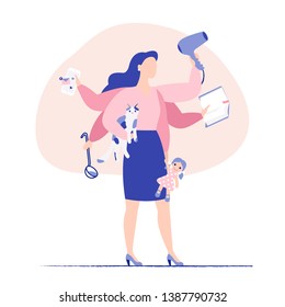 Multitasking business woman and mother concept. Young mother and business woman with six hands doing a lot of tasks at the same time. Flat colorful vector illustration.