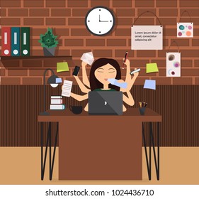 Multitasking business woman. Office Manager. A woman working in a modern comfortable working space with a computer, books, plants, a cup of coffee. Vector illustration.