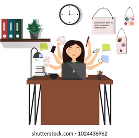 Multitasking business woman. Office Manager. A woman working in a modern comfortable working space with a computer, books, plants, a cup of coffee. Vector illustration.
