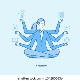 Multitasking business woman. Office manager professional tasking in zen yoga relaxing pose. Office work meditation vector concept