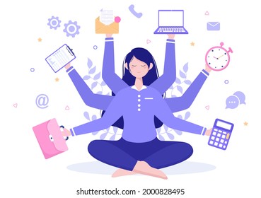 Multitasking Business Woman Or Office Worker as Secretary Surrounded By Hands With Holding Every Job In The Workplace. Vector Illustration