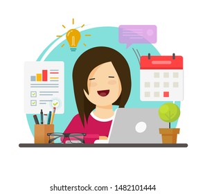 Multitasking Business Woman Person Working Hard But Happy On Office Table Desk Vector Illustration, Flat Cartoon Girl Sitting Smiling On Workplace Doing Audit Or Research Tasks, Time Management Idea