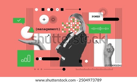 Multitasking. Business woman, project manager checking information on digital screen. Launching startup. Conceptual design. Contemporary art collage. Concept of business, modern technologies. Vector