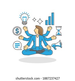 Multitasking business woman as work duties management spot outline concept