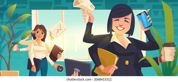 Multitasking business woman work in office. Modern girl with six arms does many tasks simultaneously. Active top manager, secretary female character career, job efficiency, Cartoon vector illustration