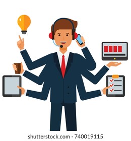 multitasking businessman  cartoon flat vector illustration concept on isolated white background
