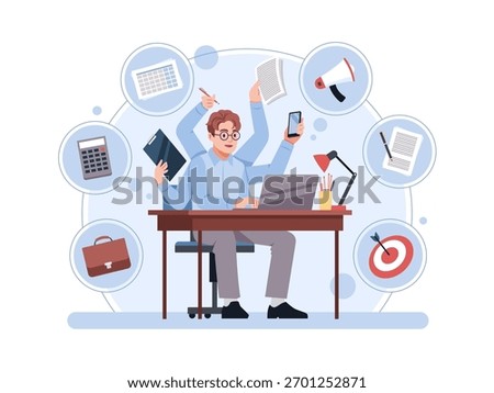 Multitasking businessman character. Active office worker with many hands, simultaneous tasks execution, man sitting at desk, effective work, cartoon flat isolated illustration tidy vector concept