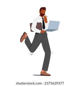 Multitasking Businessman Character with Laptop In Hand Dines On The Move. His Fast-paced World Exemplified, As He Juggles Work And A Meal In Pursuit Of Productivity. Cartoon People Vector Illustration