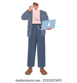 Multitasking businessman concept. Modern professional in a formal suit, handling a phone call while holding a laptop. Efficient workflow illustration. Vector illustration.