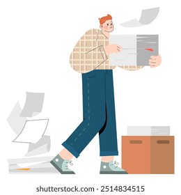 Conceito de homem de negócios multitarefa. Um profissional navegando através da papelada com facilidade. Eficiência do fluxo de trabalho do Office na ilustração vetorial.