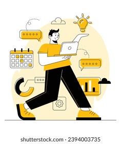 Multitasking businessman doing many tasks at the same time concept vector flat illustration, Time management, Problem-solving, Productivity, Efficiency, Deadline concept