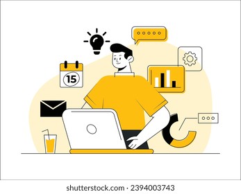 Multitasking businessman doing many tasks at the same time concept vector flat illustration, Time management, Problem-solving, Productivity, Efficiency, Deadline concept