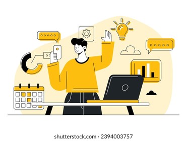 Multitasking businessman doing many tasks at the same time concept vector flat illustration, Time management, Problem-solving, Productivity, Efficiency, Deadline concept
