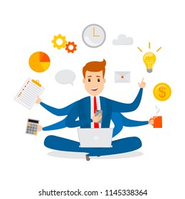 Multitasking businessman. Effective and successful office worker. Happy talented man busy doing many things at once. Isolated vector flat illustration