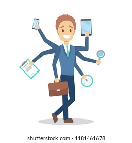Multitasking businessman. Effective and talented employee or workaholic walking. Doing many things at once. Isolated flat vector illustration