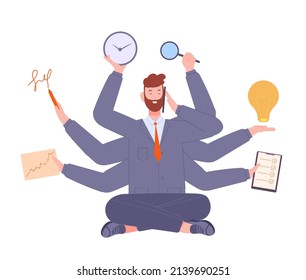 Multitasking businessman. Effective worker active working with crowd tasks, fast smart talented entrepreneur, multi skill office manager meditating, vector illustration. Multitasking management