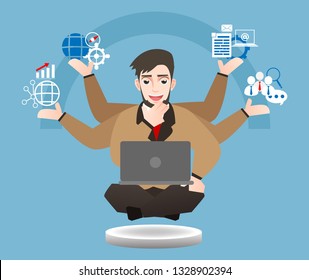 Multitasking businessman idea. Manager sitting in yoga lotus pose and juggles with tasks. Effective management vector illustration concept.personnel of the office with expert skill on blue background
