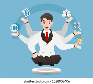 Multitasking businessman idea. Manager sitting in yoga lotus pose and juggles with tasks. Effective management vector illustration concept.personnel of the office with expert skill on blue background
