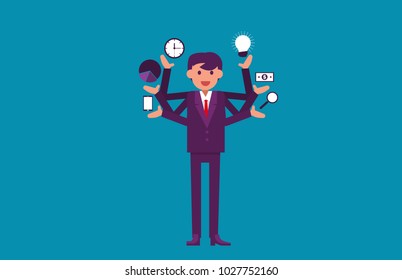Multitasking. Businessman with multiple arms. Vector illustration business concept.