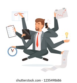 Multitasking businessman. Office worker making much work with hands writing calling reading yoga meditation vector concept character