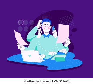 Empresario multitarea. Trabajador de oficina haciendo mucho trabajo con las manos escribiendo llamada lectura meditación yoga el concepto de vector carácter