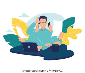 Empresario multitarea. Trabajador de oficina haciendo mucho trabajo con la escritura de manos llamando a la lectura de la meditación de yoga personaje vector