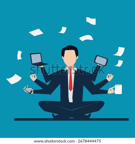 Multitasking Businessman Practicing Mindfulness or yoga. Modern Work-Life Balance Concept vector illustraton