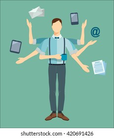 Multitasking businessman with six hands. Vector concept illustration.