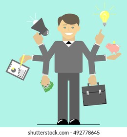 Multitasking. Businessman time to do many things at once. Flat vector illustration