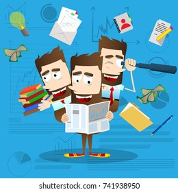 Multitasking businessman. Vector cartoon character illustration. Business concept.