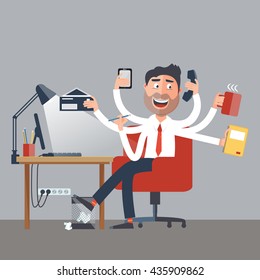Multitasking Businessman at Work in Office. Happy Man has Six Arms Doing Office Tasks. Vector illustration