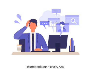 Multitasking-Business-Mitarbeiter, die am Computer arbeiten. Konzept für überarbeitete Menschen.