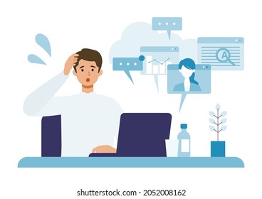 Multitasking businessman working on computer. Concept for overworking people.