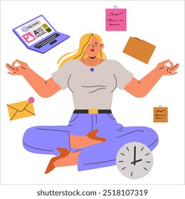 Multitasking businesswoman concept. Achieving work-life balance through time management and organization skills. Vector illustration.