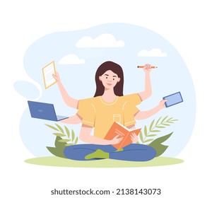 Multitasking businesswoman concept. Girl in lotus position with many hands. Entrepreneur and talented investor. Overworked employee, busy character. Time management. Cartoon flat vector illustration