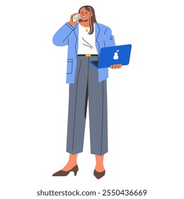 Concepto de mujer de negocios multitarea. Mujer de Profesional en atuendo casual inteligente involucrada en una llamada telefónica mientras sostiene una computadora portátil. Entorno de trabajo dinámico. Ilustración vectorial.