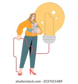 Multitasking businesswoman concept. A professional woman balancing work with motherhood, embodying empowerment. Creative mind, career and family. Vector illustration.