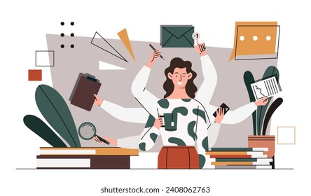 Multitasking Business-Frauen-Konzept. Frau mit vielen Händen. Arbeiter und Angestellter. Organisation des Arbeitsablaufs. Überarbeitetes junges Mädchen im Büro. Cartoon-Flavektor-Vektorgrafik